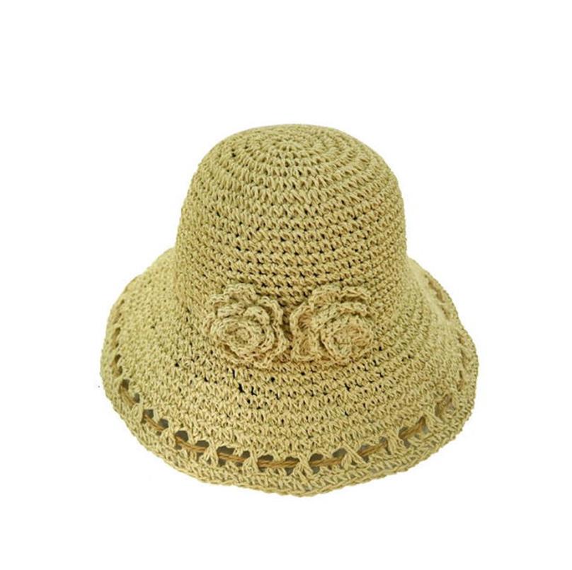 促销软盘可折叠纸针织水桶装饰女士水桶夏季草编钩针女士沙滩太阳帽