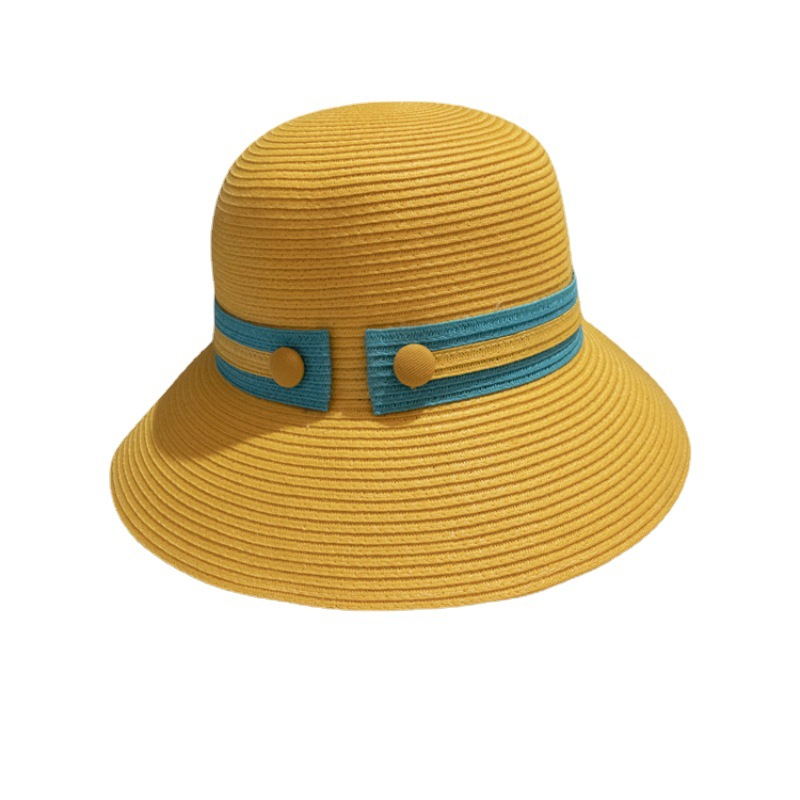 夏季定制草編遮陽帽漁夫帽女士時尚腰帶扣帶遮陽條紋草帽